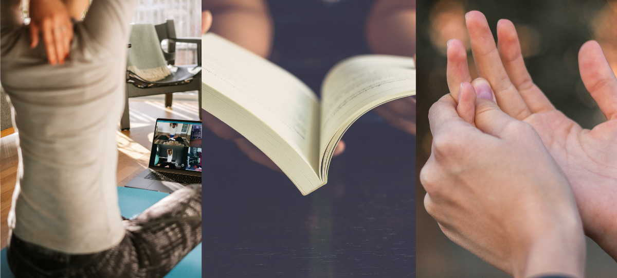 Person doing yoga pose; person reading; close up of hands clasped