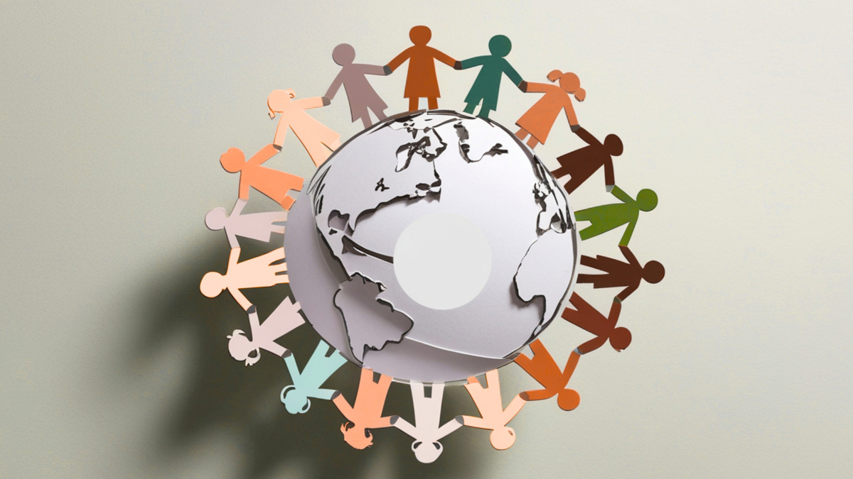 an graphic of the Earth with humans holding hands in a circle around it.