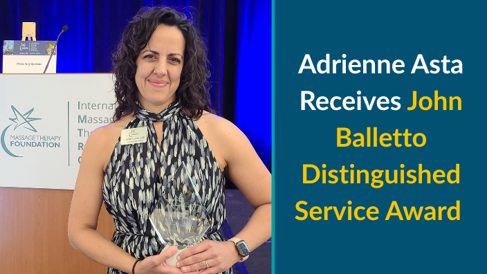 An image of Adrienne Asta, a woman with long curly hair, holding a glass trophy. To the right of her photo is the text "Adrienne Asta Receives John Balletto Distinguished Service Award."