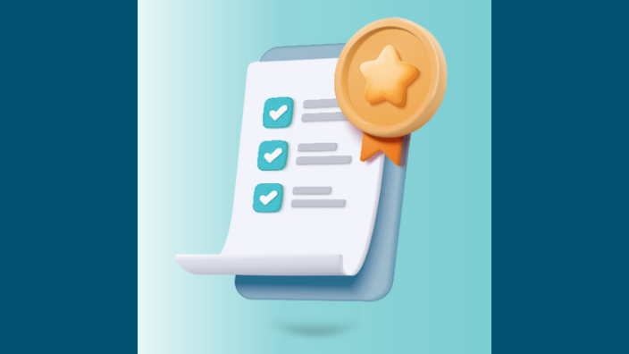 A graphic of a clipboard with check marks next to items on a list, a certificate of completion is stamped on the corner. This graphic is set over a navy background.