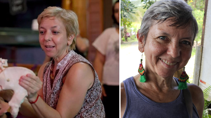 Two images of Carmen Rivera, one she is teaching, one she is smiling.
