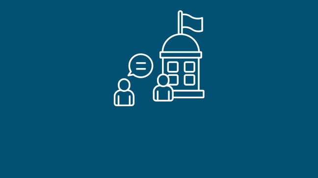 a graphic of two people talking outside a government building.