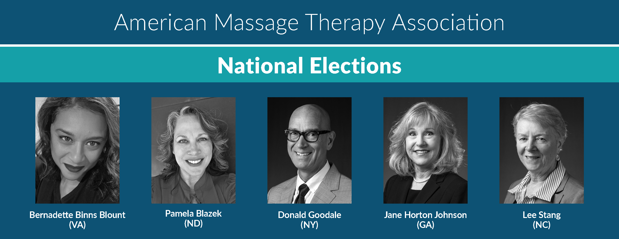 A graphic of the American Massage Therapy Association National Election candidates with five headshots on it.