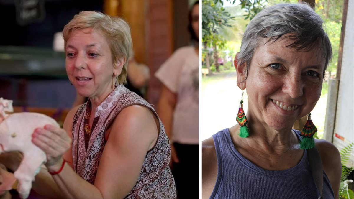 Two images of Carmen Rivera side by side, on the right she is teaching, on the left she is smiling.