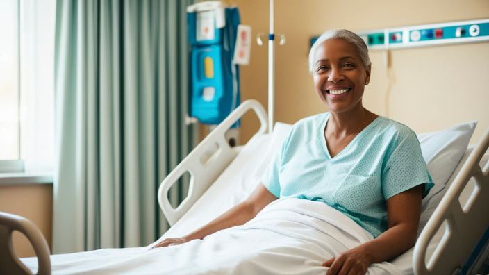an image of a woman in a hospital bed smiling.