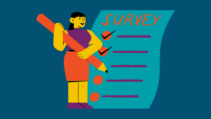 a graphic of a woman standing next to a survey.