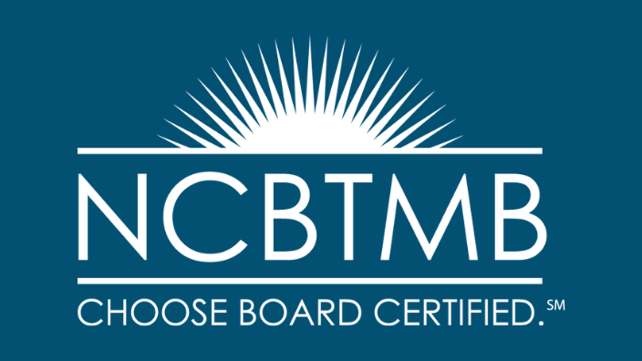 The white NCBTMB logo, with the words "choose board certified" underneath "NCBTMB." The logo is on a navy background.
