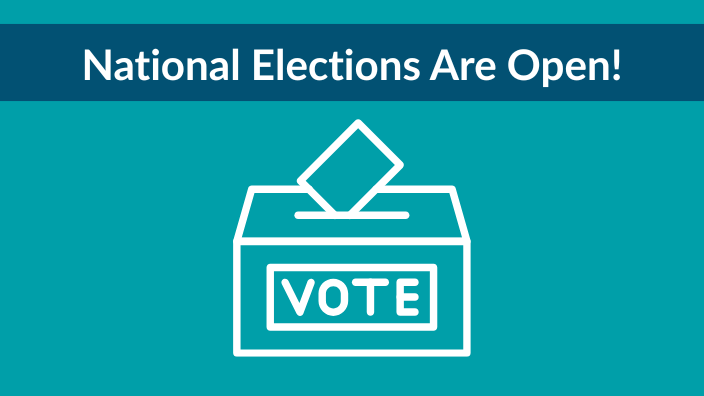 A graphic of a ballot being cast with the words "National Elections are Open!" above it.