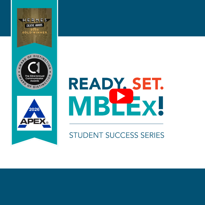 a graphic of the MBLEx video thumbnail with the various award bugs on a ribbon on the side.