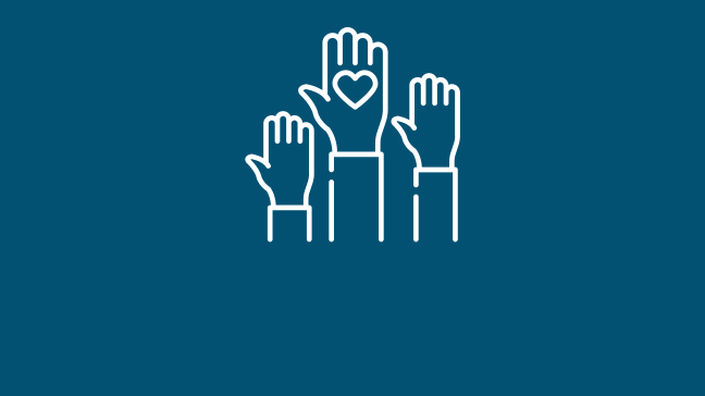a graphic of three hands being raised, the middle one has a heart in its palm.