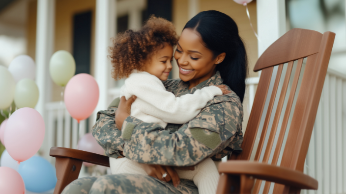 an image of a female veteran smiling and holding a child.