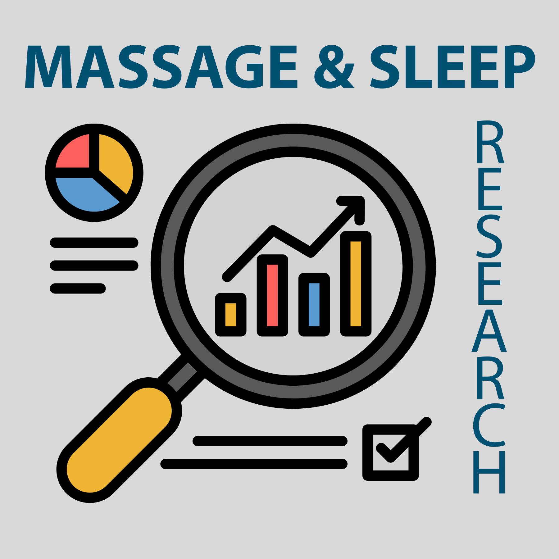 text says massage and research with a graphic magnifying glass and pie chart