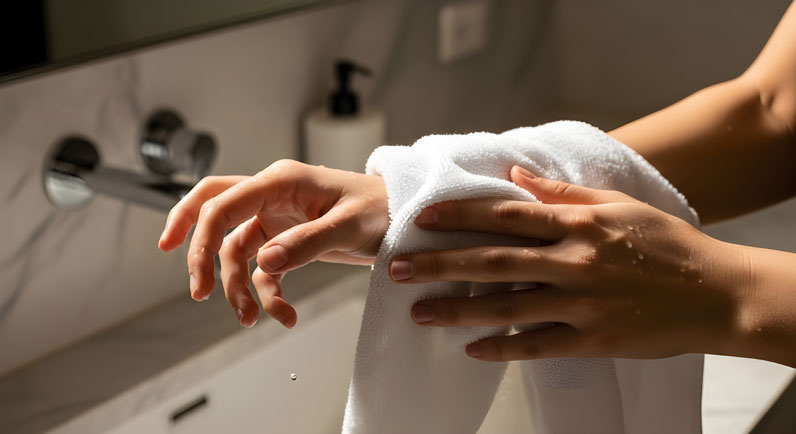 woman drying her hands after washing