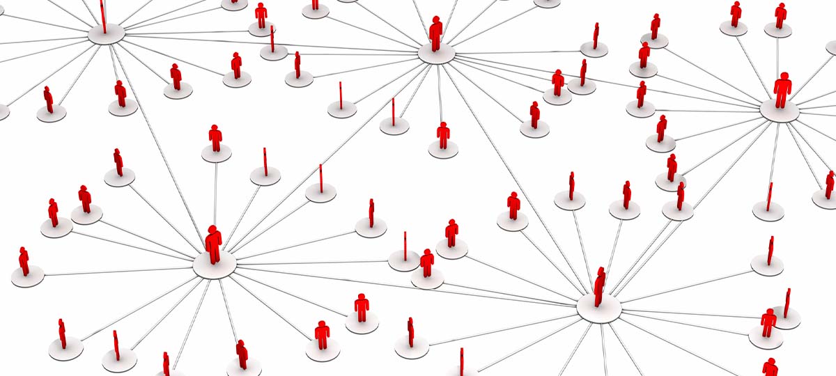 Illustration of red people in circles being connected by red lines