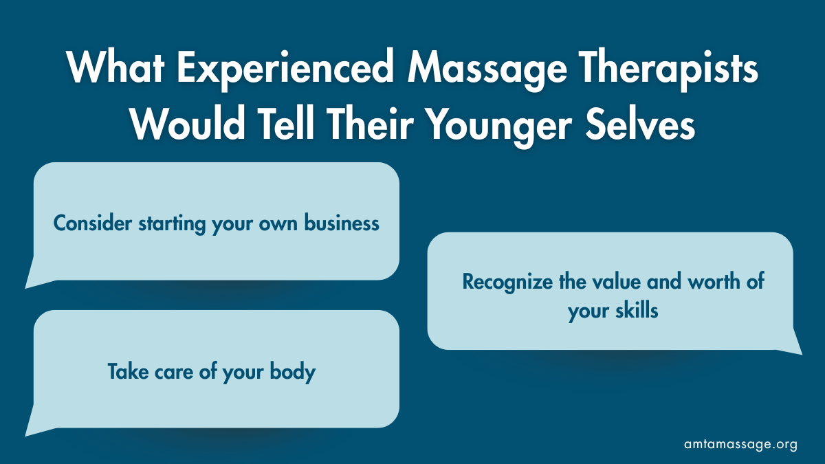 infographic of what experienced massage therapistw would tell their younger selves