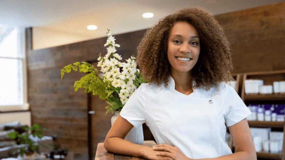 woman standing at desk